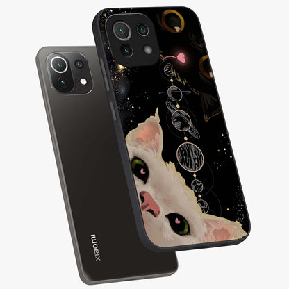 Galactic Cat Glass Case displayed in angled mockup highlighting celestial feline illustration with galaxy aesthetic style.