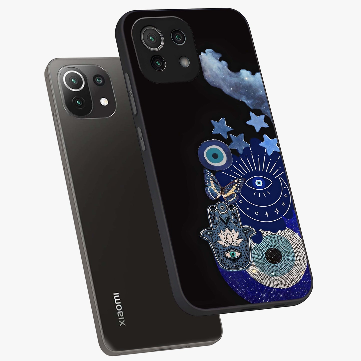 Galactic Charm Cluster Glass Case displayed in angled mockup highlighting luminous galaxy inspired design with dreamy aesthetic.