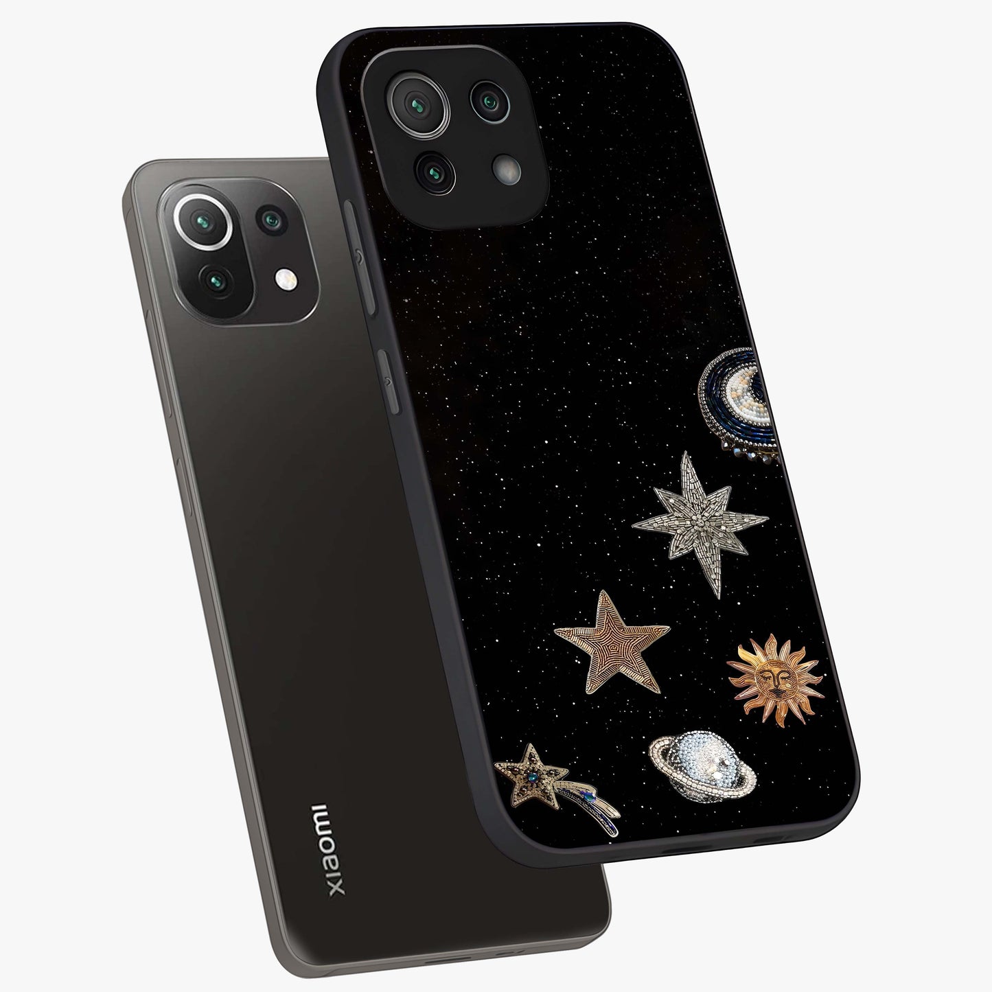 Galactic Charm Glow Glass Case displayed in angled mockup highlighting luminous galaxy inspired design with dreamy aesthetic.