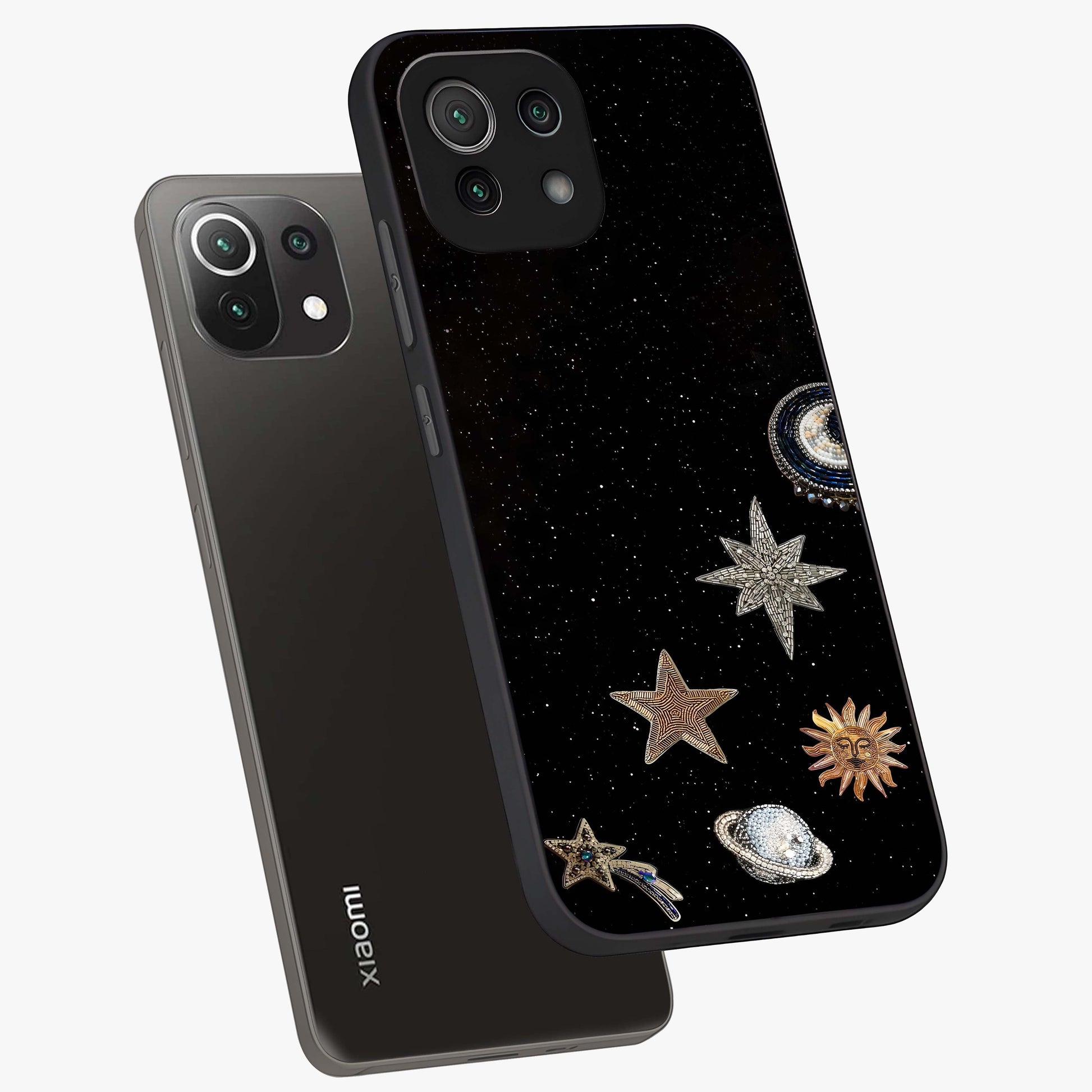 Galactic Charm Glow Glass Case displayed in angled mockup highlighting luminous galaxy inspired design with dreamy aesthetic.