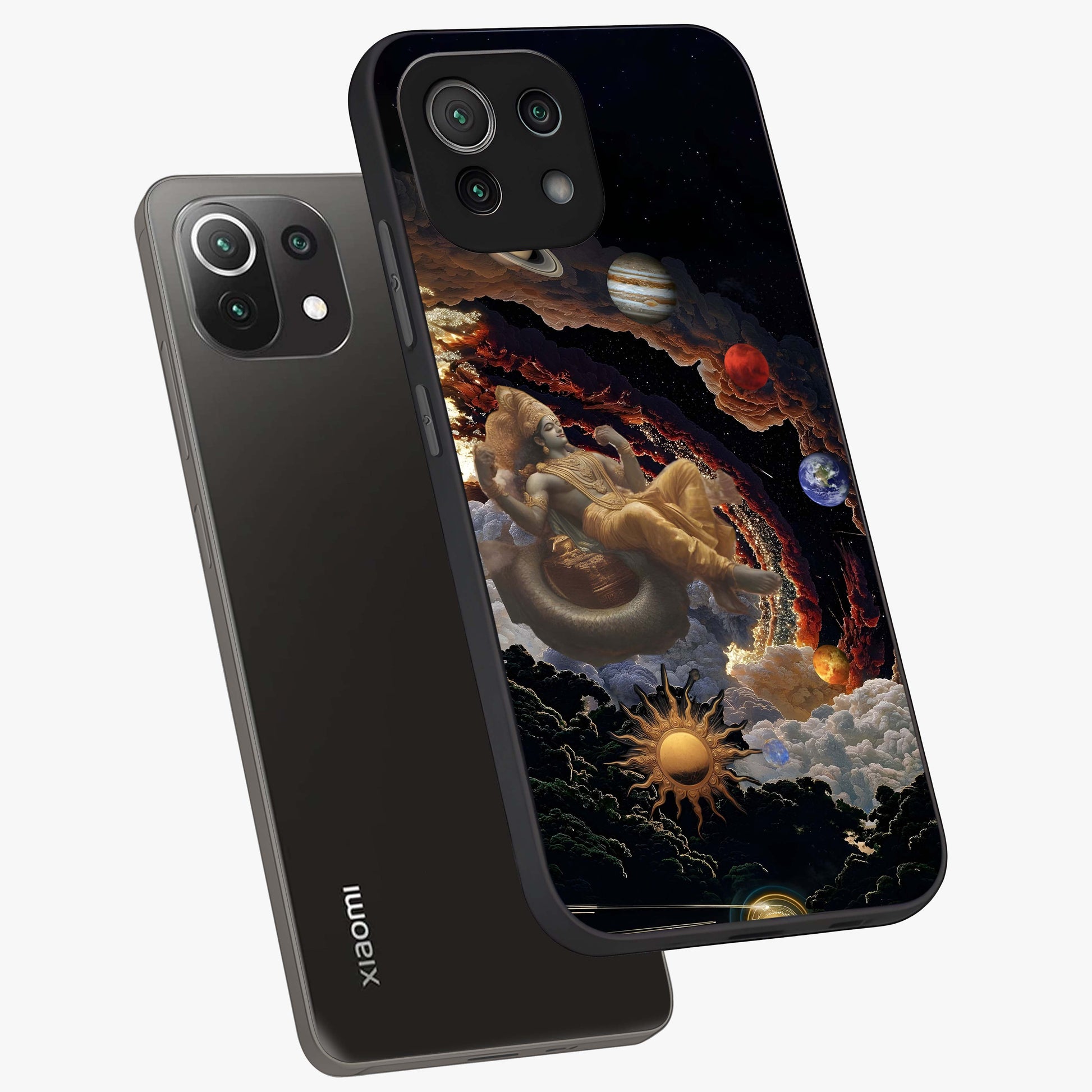 Galactic Divine God Glass Case displayed in angled mockup highlighting powerful celestial deity illustration with galactic aesthetic.