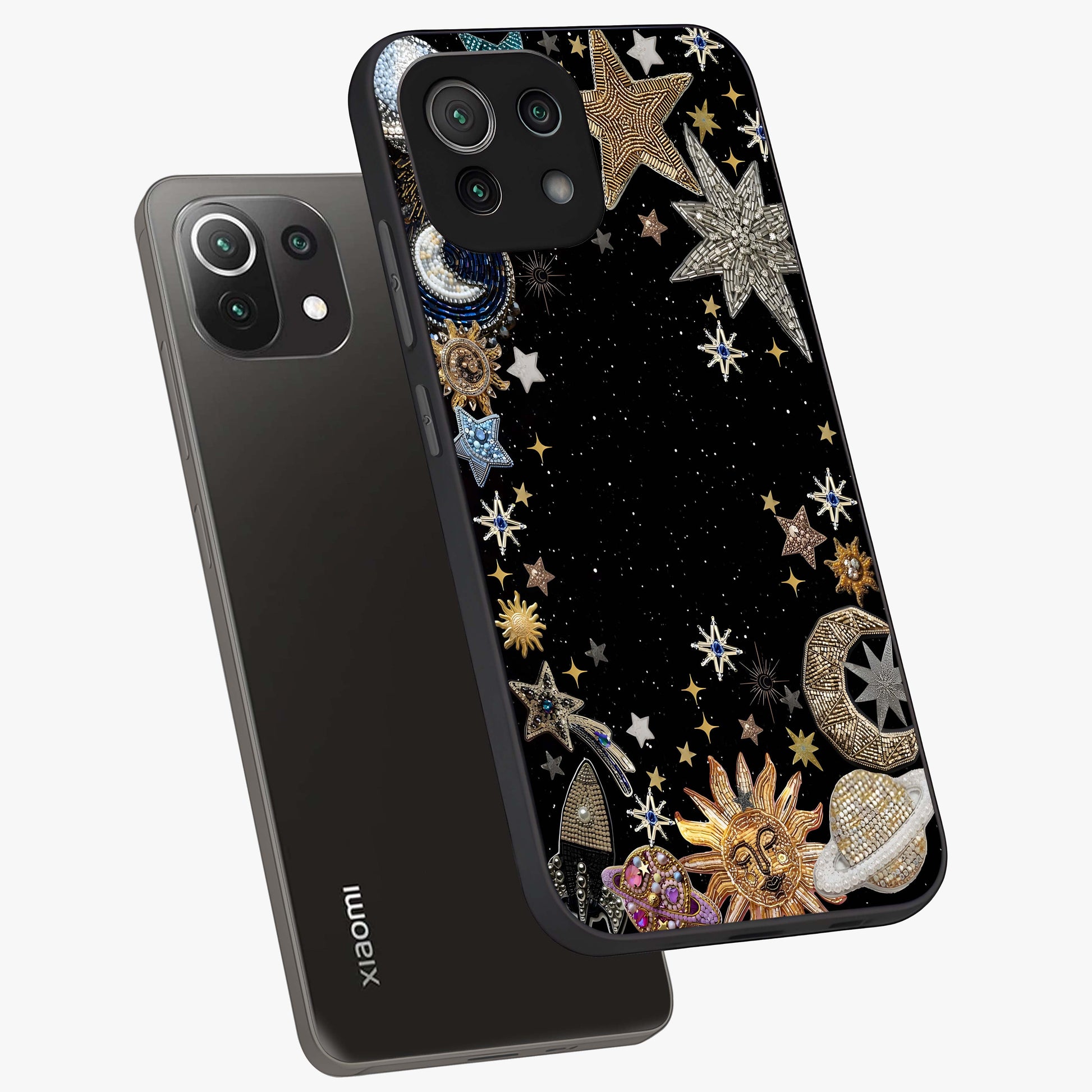 Galactic Jewel Stars Glass Case displayed in angled mockup highlighting shining celestial star design with cosmic aesthetic style.