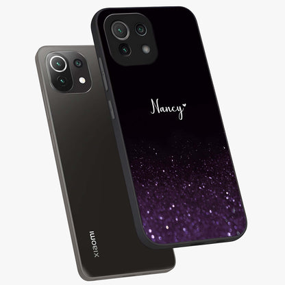 Glittery Purple Bokeh Custom Name Glass Case displayed in angled mockup highlighting glitter bokeh pattern with custom name feature.