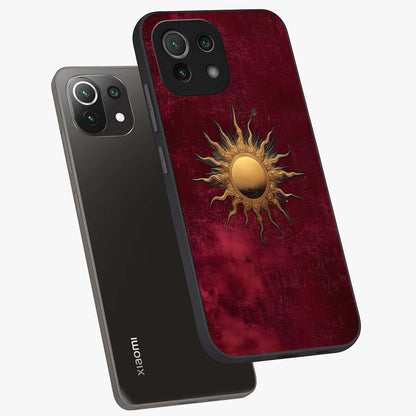 Golden Sun Minimalism Glass Case displayed in angled mockup highlighting clean sun symbol design with modern minimal aesthetic.