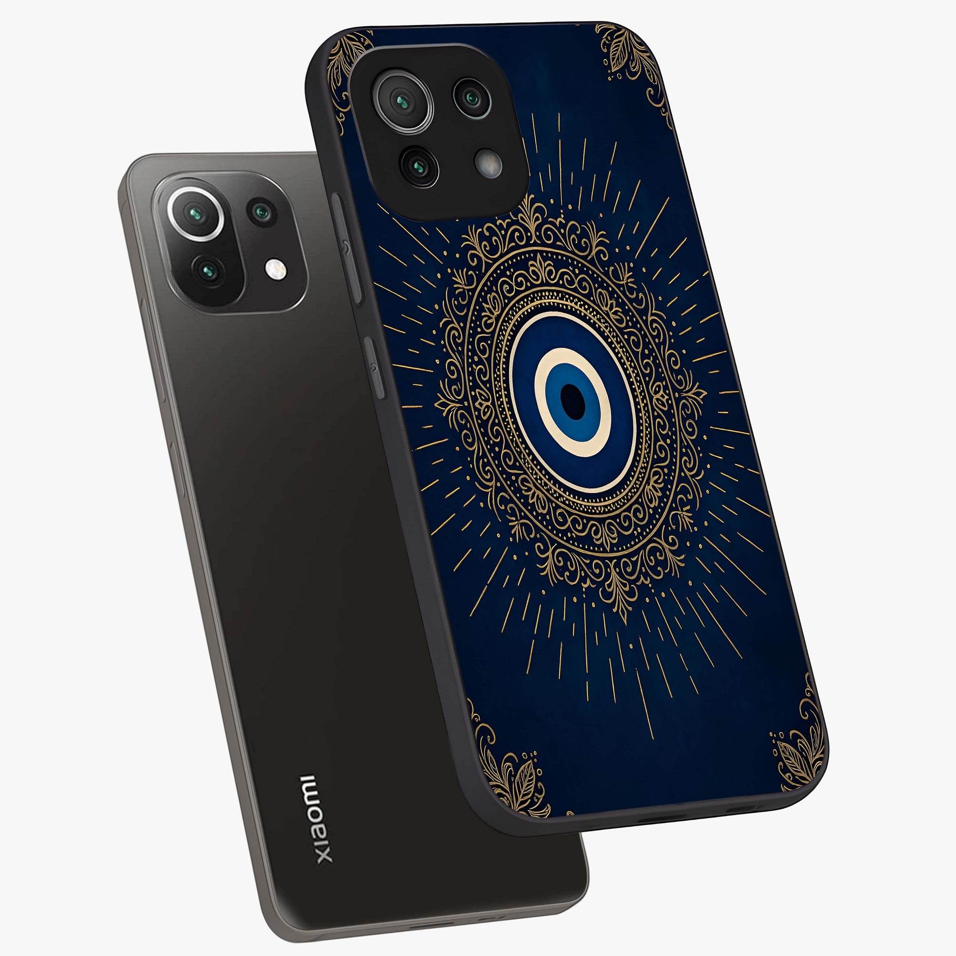 Golden Celestial Charm Glass Case displayed in angled mockup highlighting sparkling cosmic charm design with celestial aesthetic.