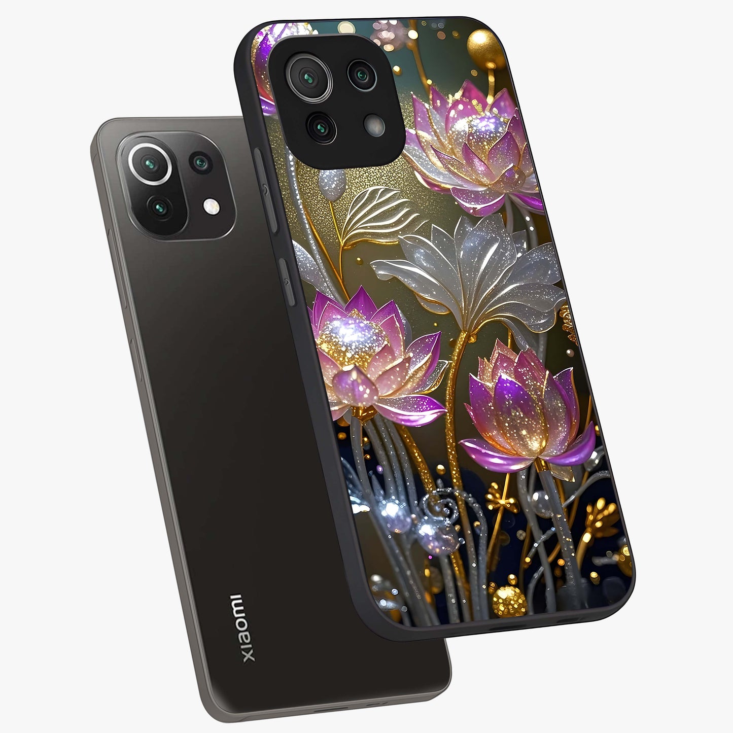 Golden Floral Majesty Glass Case displayed in angled mockup highlighting elegant flower design with royal golden aesthetic.