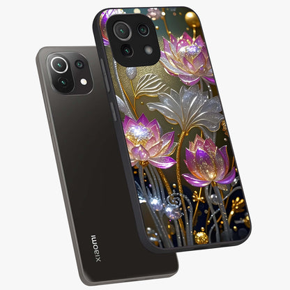 Golden Floral Majesty Glass Case displayed in angled mockup highlighting elegant flower design with royal golden aesthetic.