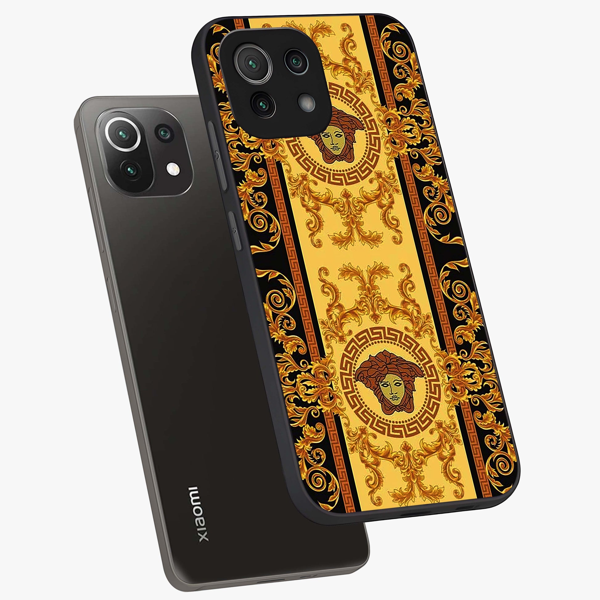 Golden Lotus Glow Glass Case displayed in angled mockup highlighting radiant lotus illustration with spiritual aesthetic.