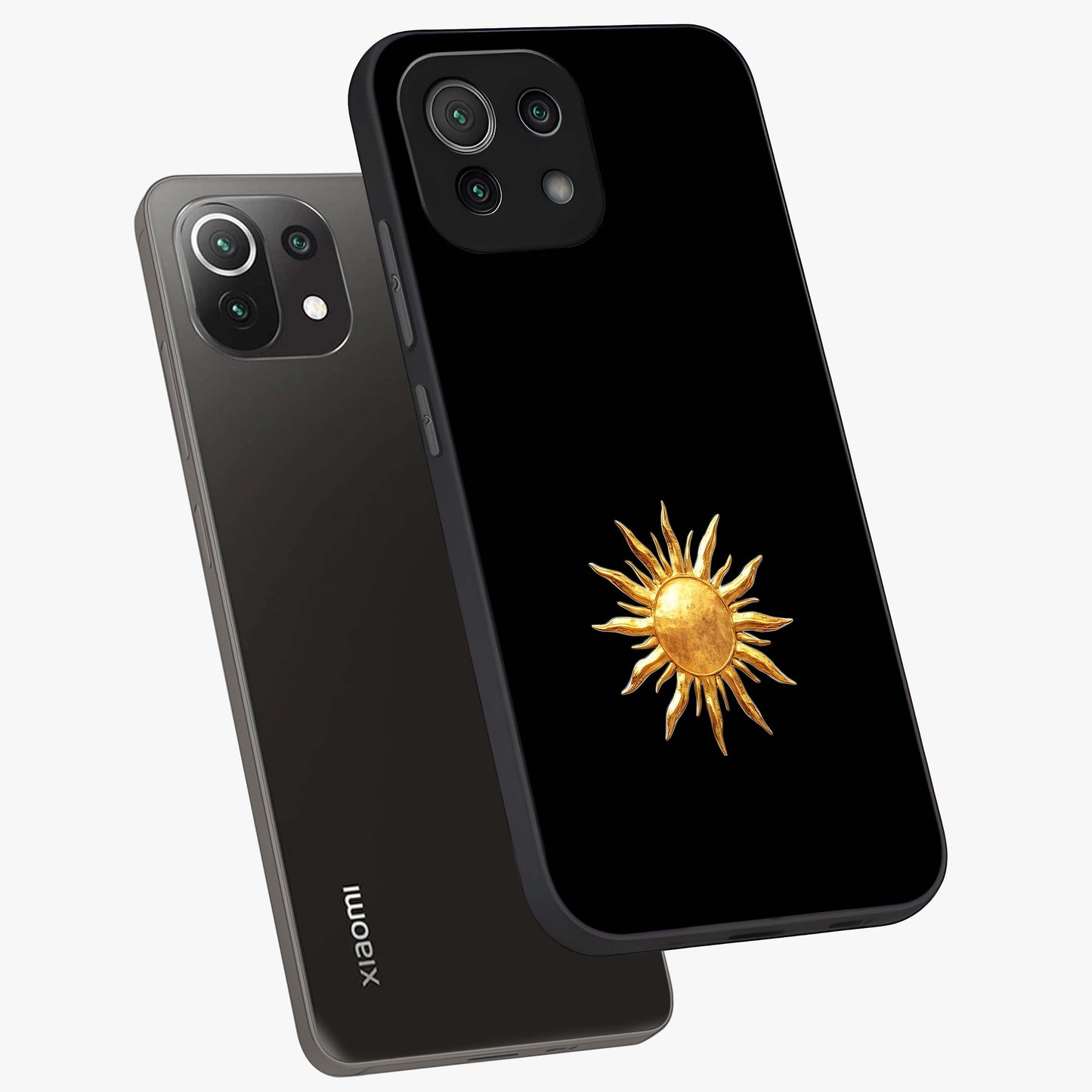 Golden Sun Minimalism Glass Case displayed in angled mockup highlighting eerie shadow illustration with gothic aesthetic.