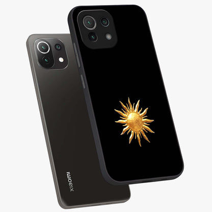 Golden Sun Minimalism Glass Case displayed in angled mockup highlighting eerie shadow illustration with gothic aesthetic.