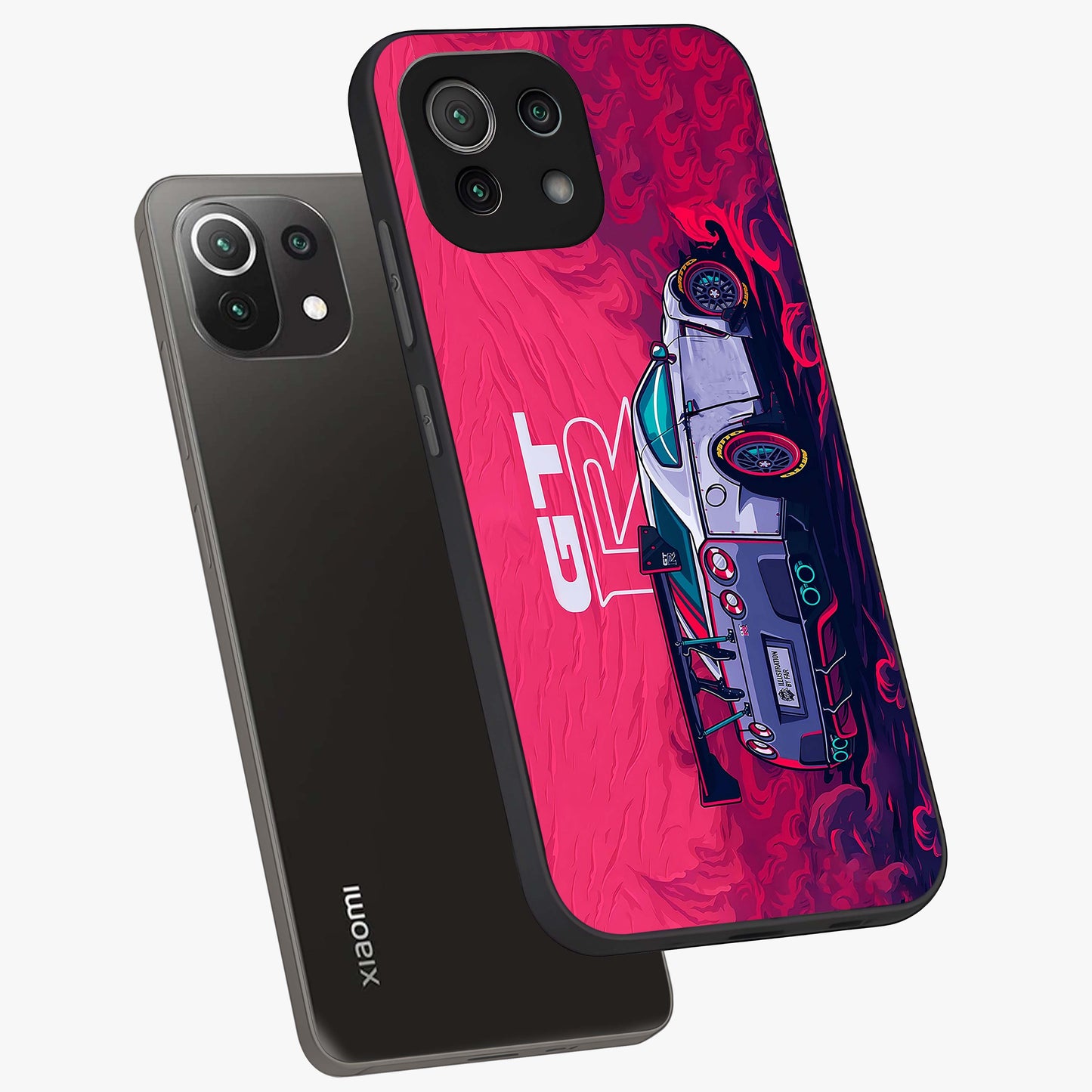GT-R Car Pattern Glass Case displayed in angled mockup highlighting racing car graphic design with bold automotive aesthetic.