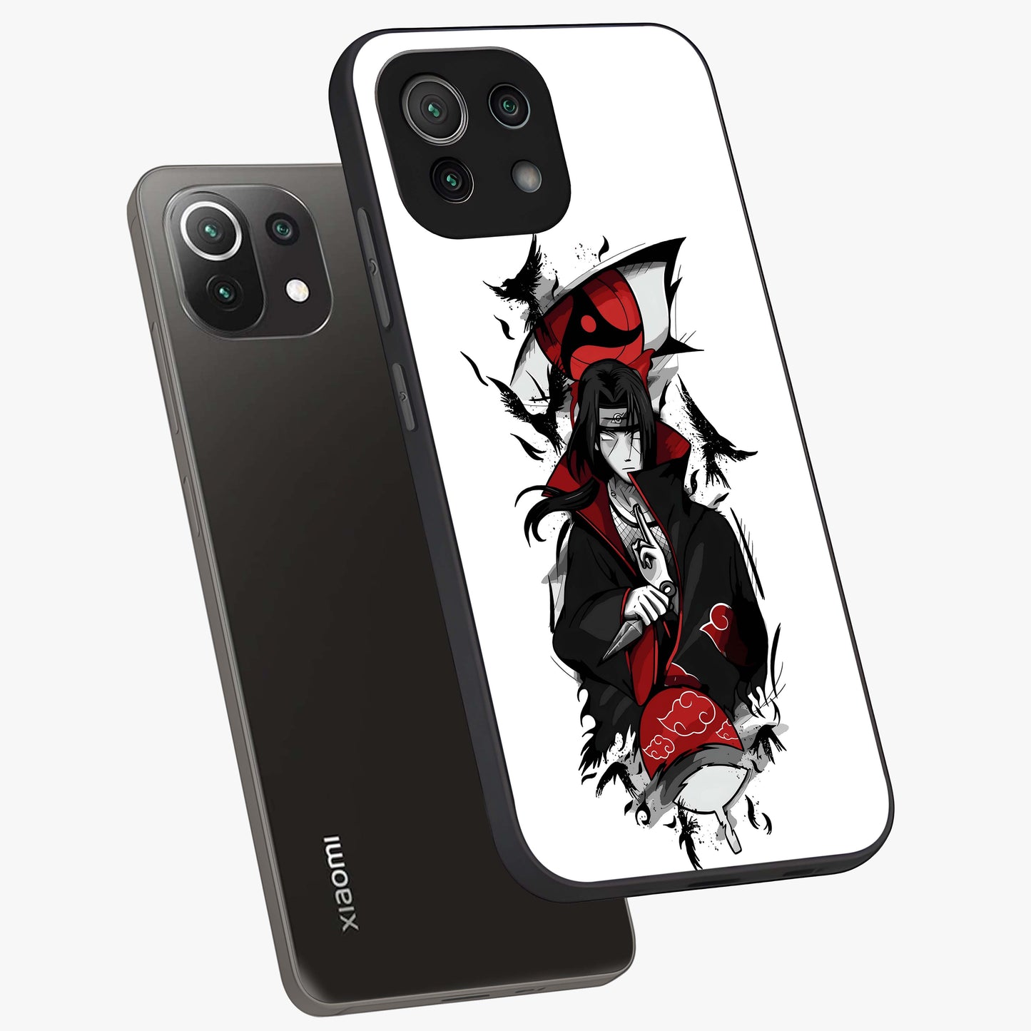 Itachi Limited Edition Naruto Anime Glass Case displayed in angled mockup highlighting dramatic anime illustration with bold action aesthetic.