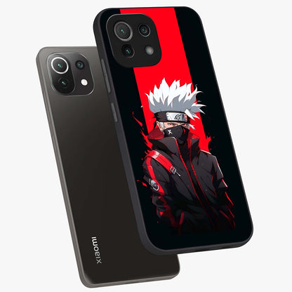 Kakashi Scarlet Shadow Glass Case displayed in angled mockup highlighting dramatic ninja illustration with scarlet themed aesthetic.