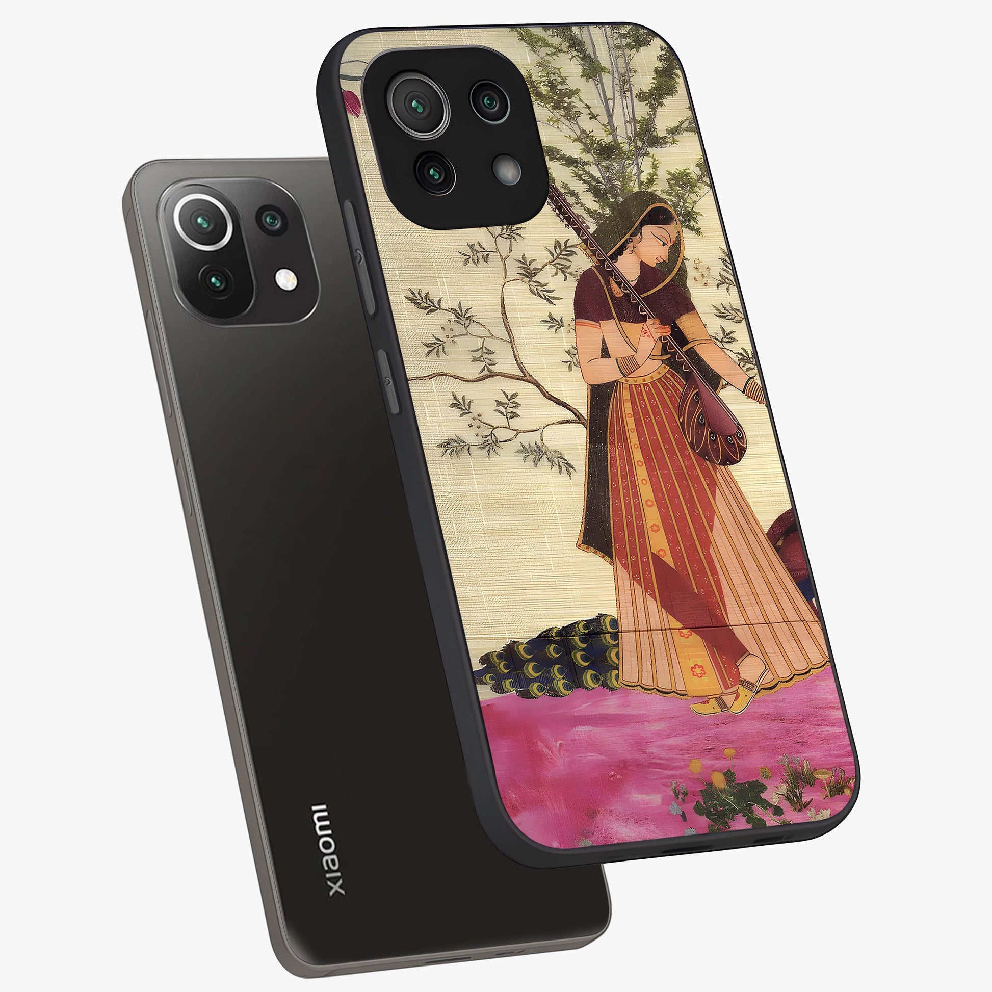 Lady With Veena Art Glass Case displayed in angled mockup highlighting graceful musical illustration with cultural artistic aesthetic.