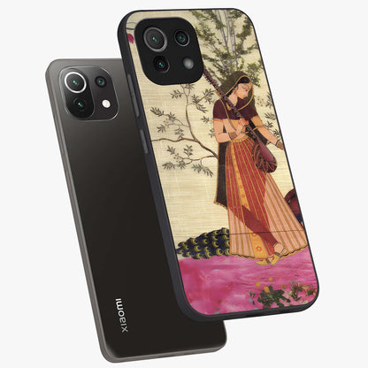 Lady With Veena Art Glass Case displayed in angled mockup highlighting graceful musical illustration with cultural artistic aesthetic.