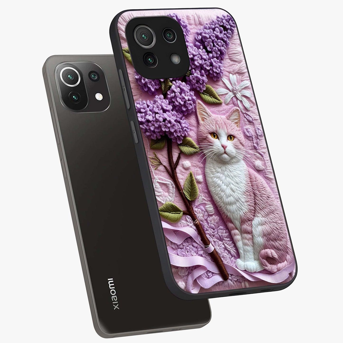 Lavender Cat Whimsy Glass Case displayed in angled mockup highlighting playful feline illustration with pastel lavender aesthetic.