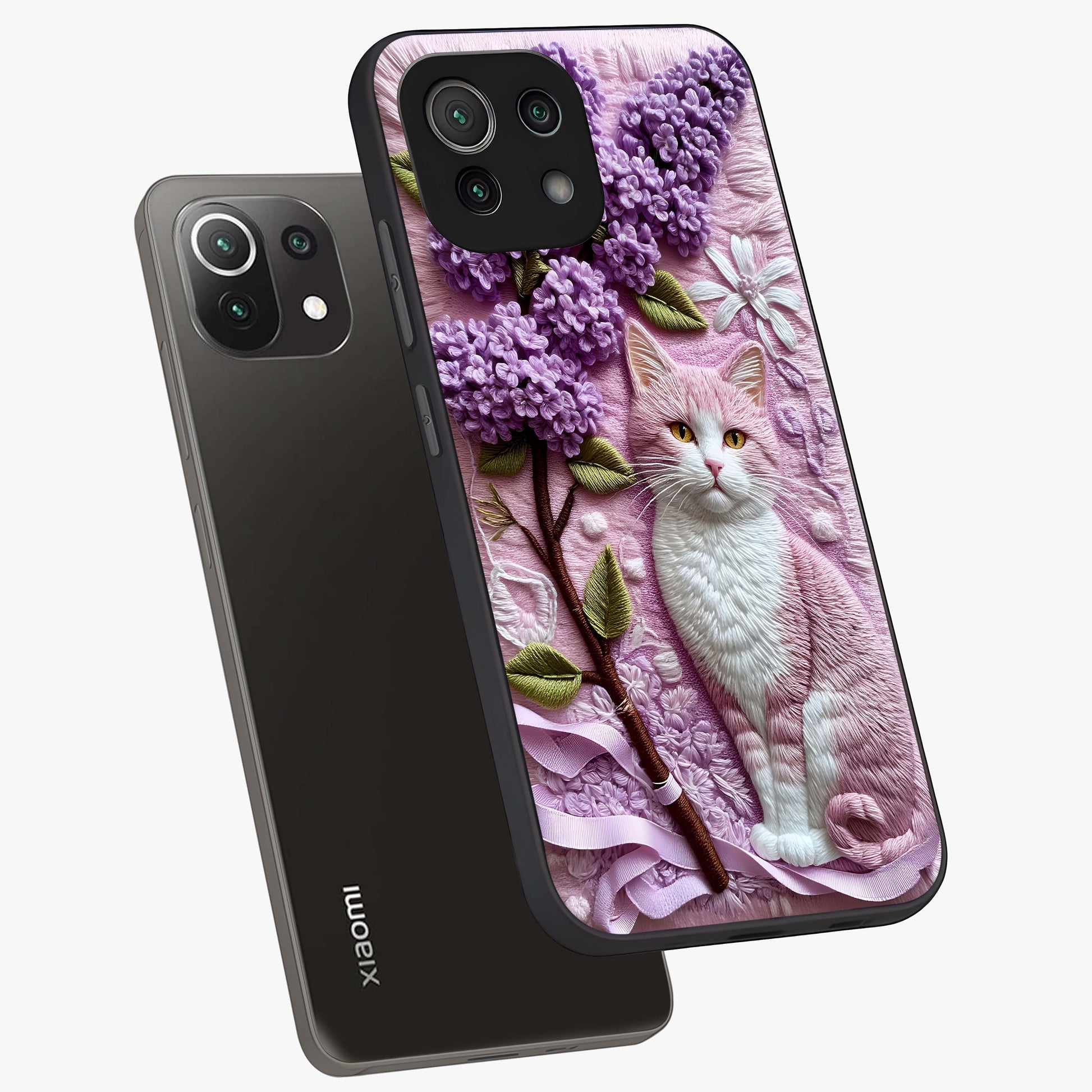 Lavender Cat Whimsy Glass Case displayed in angled mockup highlighting playful feline illustration with pastel lavender aesthetic.