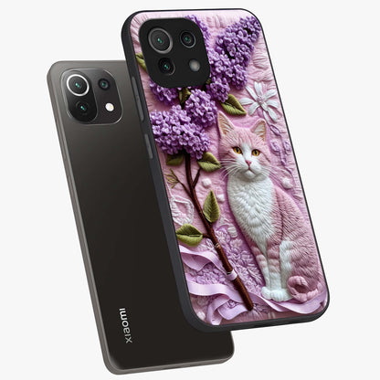 Lavender Cat Whimsy Glass Case displayed in angled mockup highlighting playful feline illustration with pastel lavender aesthetic.