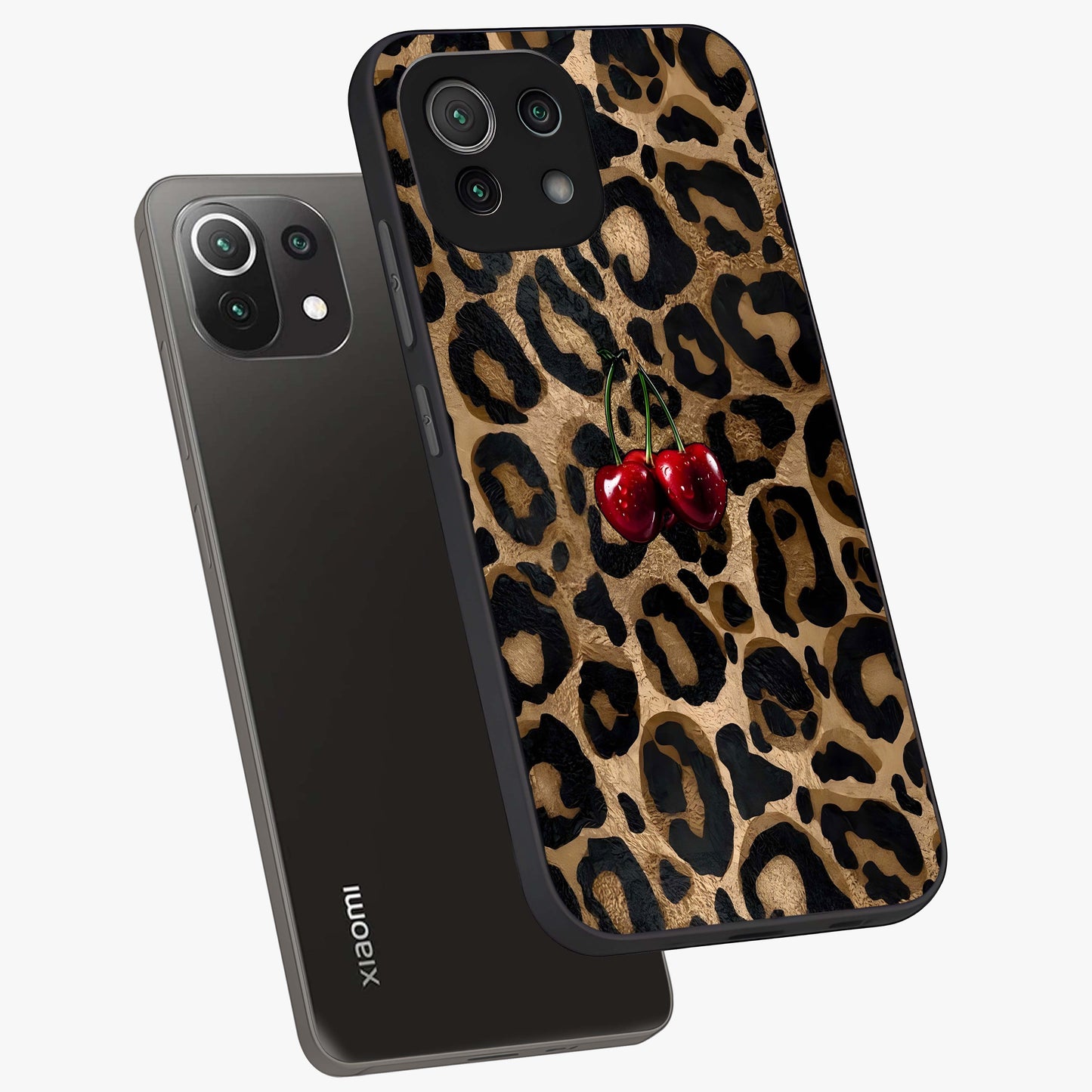 Leopard Wild Cherry Glass Case displayed in angled mockup highlighting bold animal print design with playful cherry aesthetic.