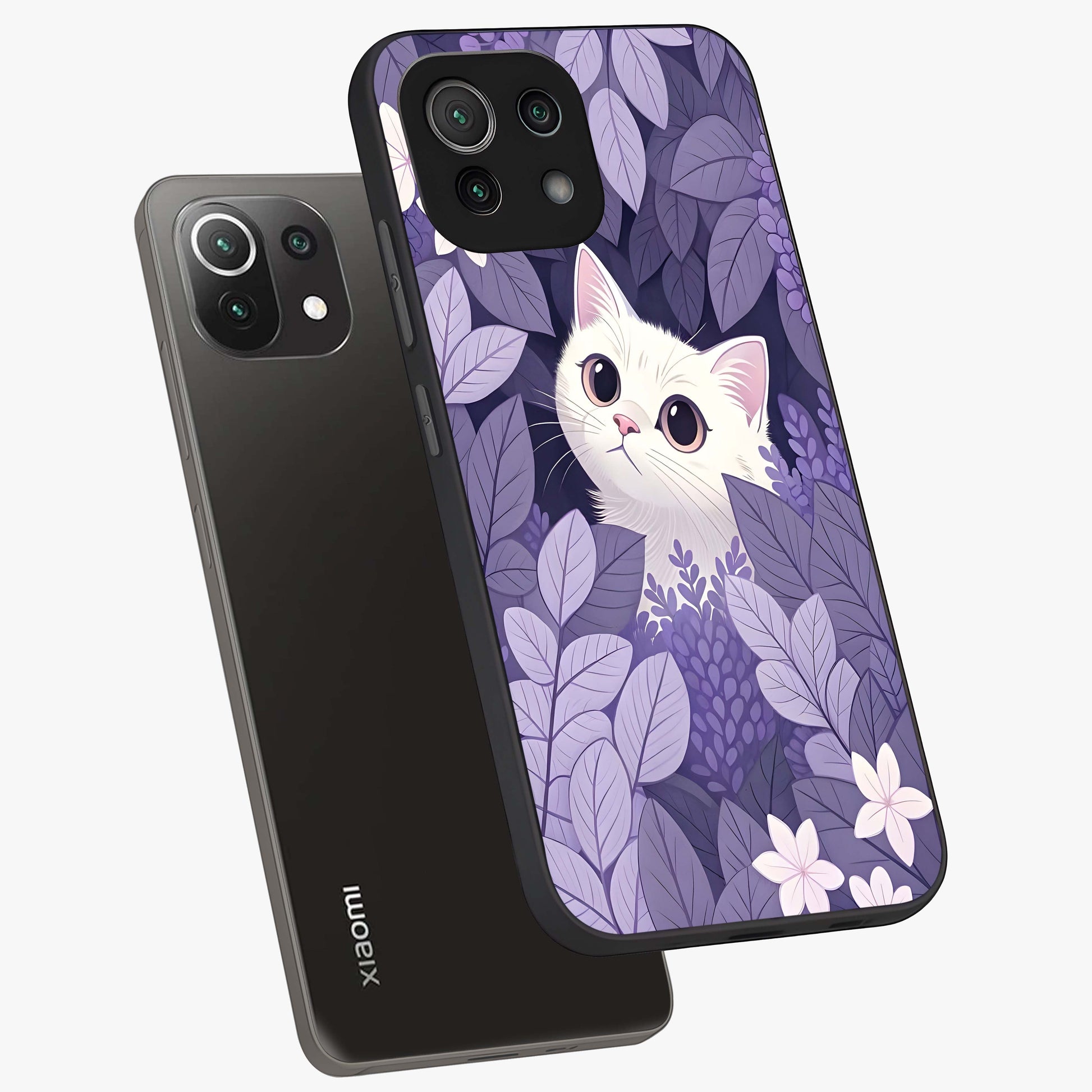 Lilac Hide Peek Cat Glass Case displayed in angled mockup highlighting playful feline illustration with lilac aesthetic design.