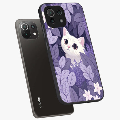 Lilac Hide Peek Cat Glass Case displayed in angled mockup highlighting playful feline illustration with lilac aesthetic design.