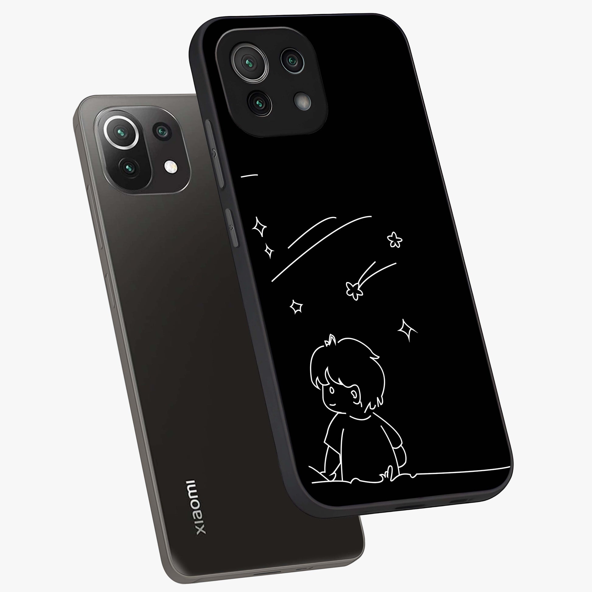 Line Art Boy With Shooting Stars Glass Case displayed in angled mockup highlighting elegant line art design with dreamy star aesthetic.