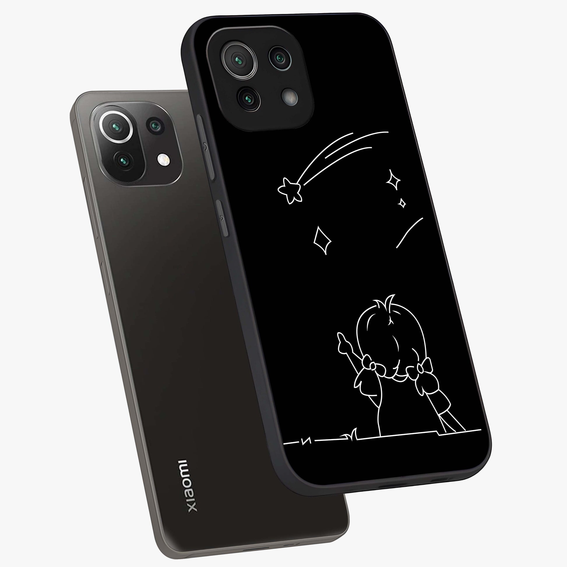 Line Art Girl With Shooting Stars Glass Case displayed in angled mockup highlighting elegant line art design with dreamy star aesthetic.