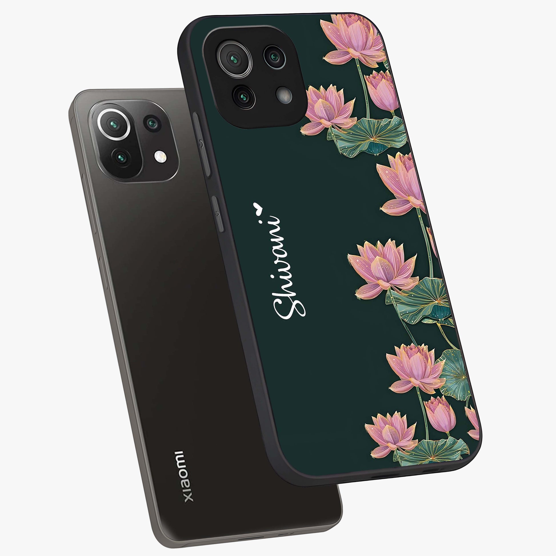 Lotus Bloom Serenity Custom Name Glass Case displayed in angled mockup highlighting graceful lotus illustration with custom name feature.