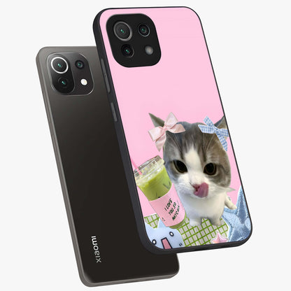Love Matcha Cat Glass Case displayed in angled mockup highlighting playful feline illustration with cozy matcha aesthetic.