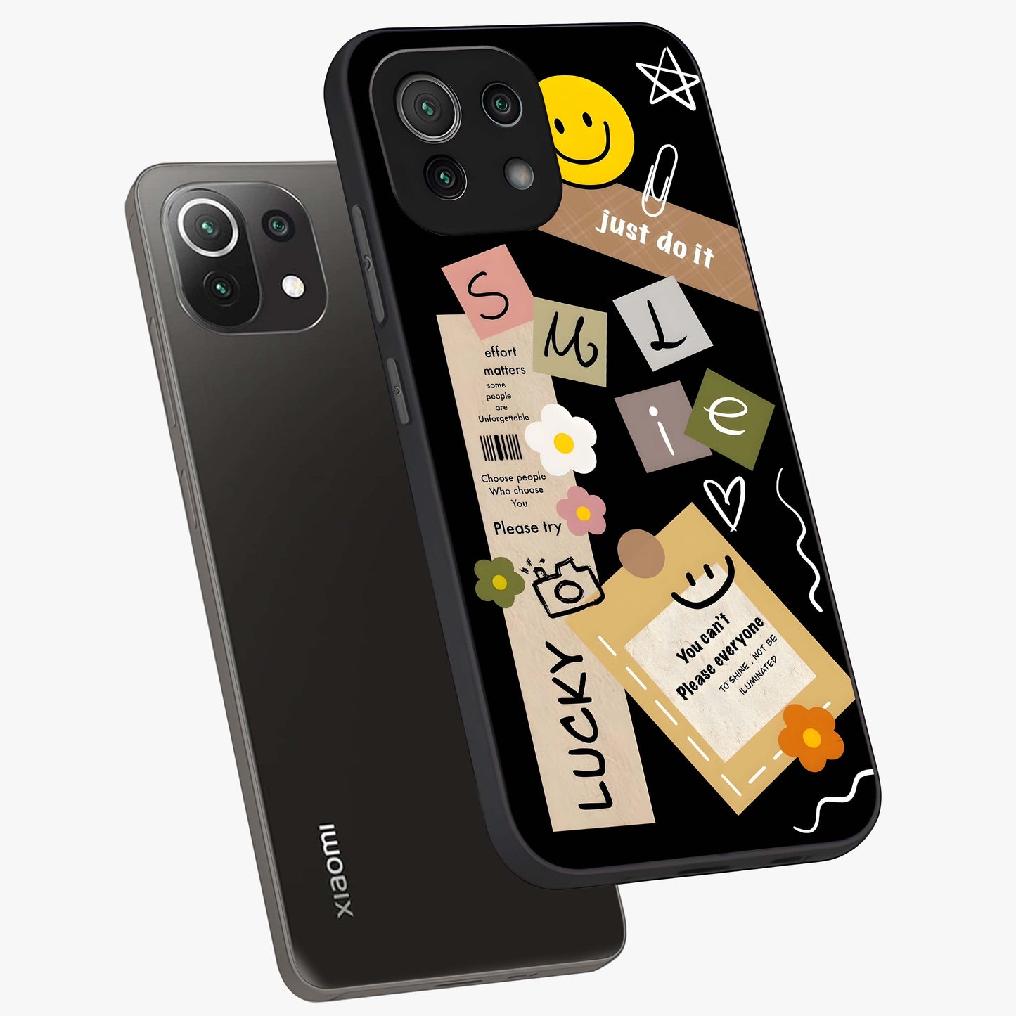 Lucky Aesthetic Collage Glass Case displayed in angled mockup highlighting stylish collage pattern with modern aesthetic vibe.