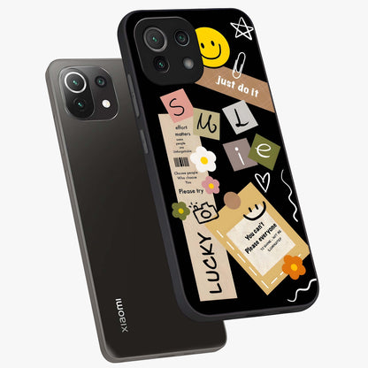 Lucky Aesthetic Collage Glass Case displayed in angled mockup highlighting stylish collage pattern with modern aesthetic vibe.