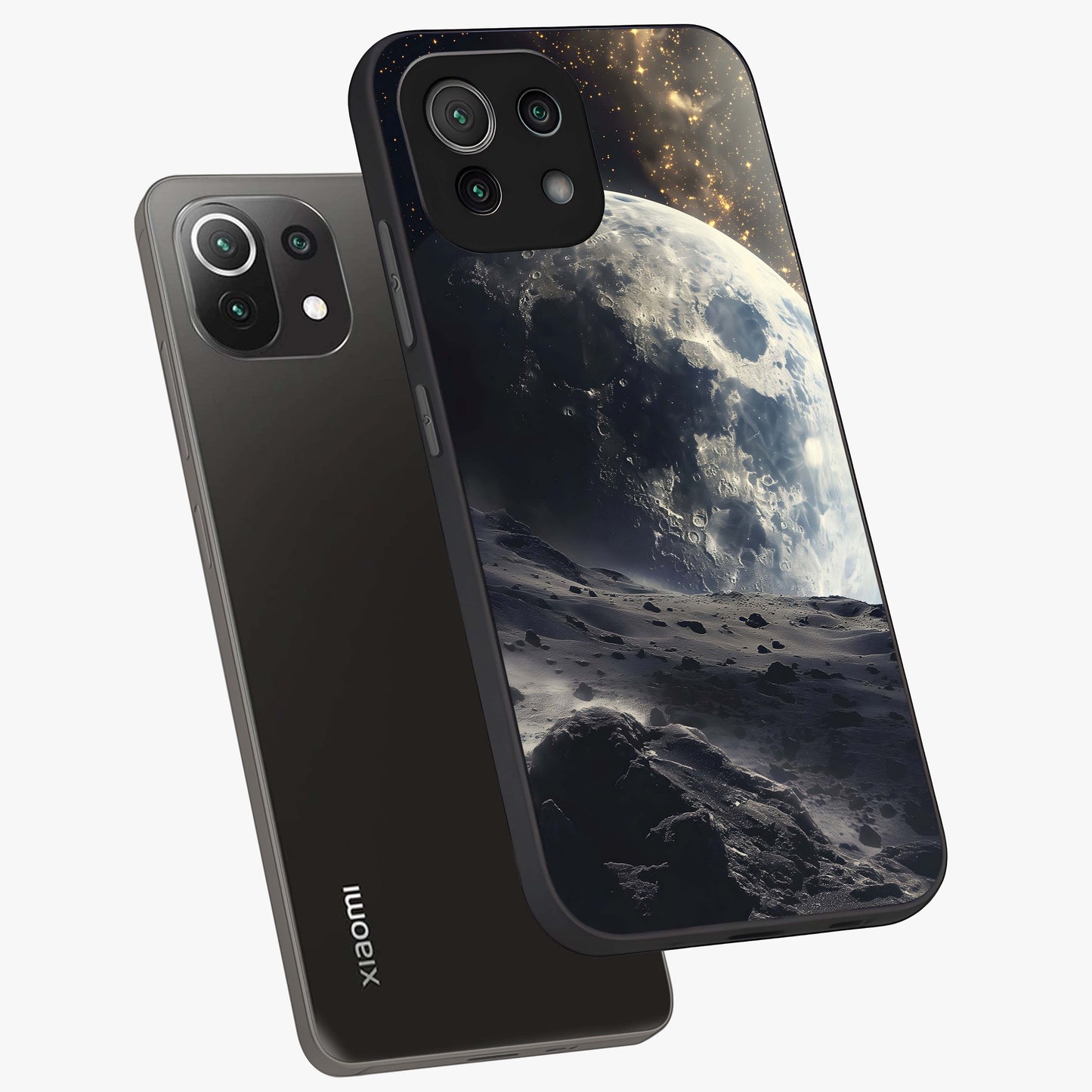 Lunar Horizon Glow Glass Case displayed in angled mockup highlighting celestial moon design with dreamy night aesthetic.