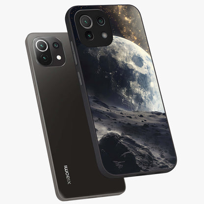 Lunar Horizon Glow Glass Case displayed in angled mockup highlighting celestial moon design with dreamy night aesthetic.