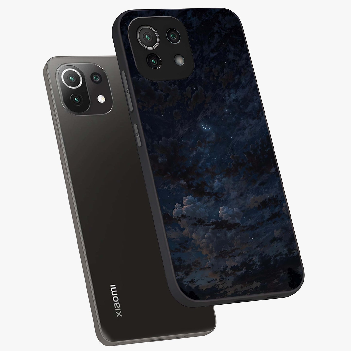 Lunar Veil Silence Glass Case displayed in angled mockup highlighting soft lunar design with peaceful celestial aesthetic.