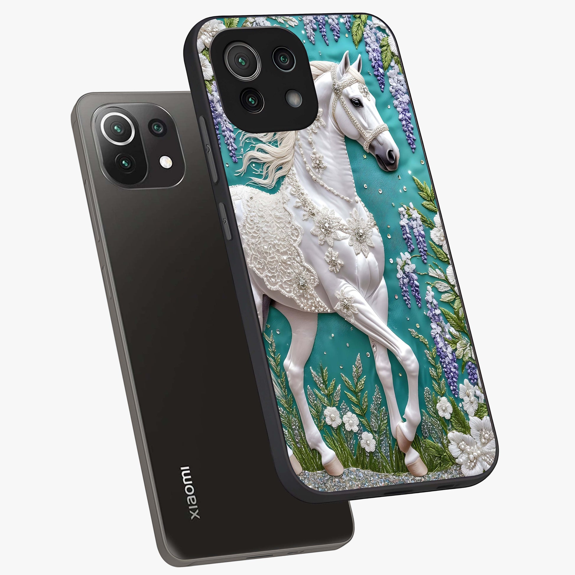 Majestic Floral Stallion Glass Case displayed in angled mockup highlighting majestic stallion illustration with elegant floral aesthetic.