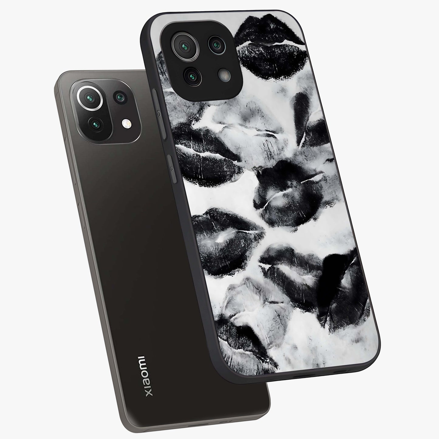 Midnight Kiss Marks Glass Case displayed in angled mockup highlighting playful romantic design with bold midnight aesthetic.