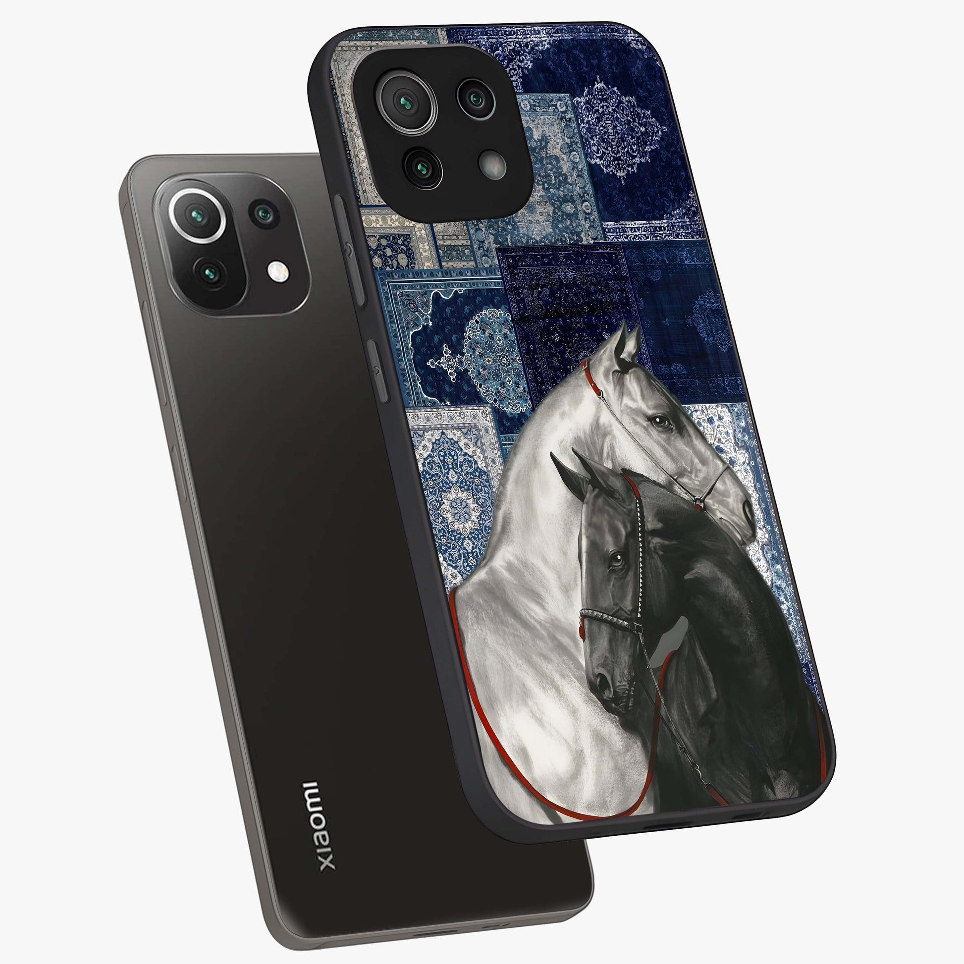Midnight Stallion Blues Glass Case displayed in angled mockup highlighting powerful stallion illustration with deep midnight tones.