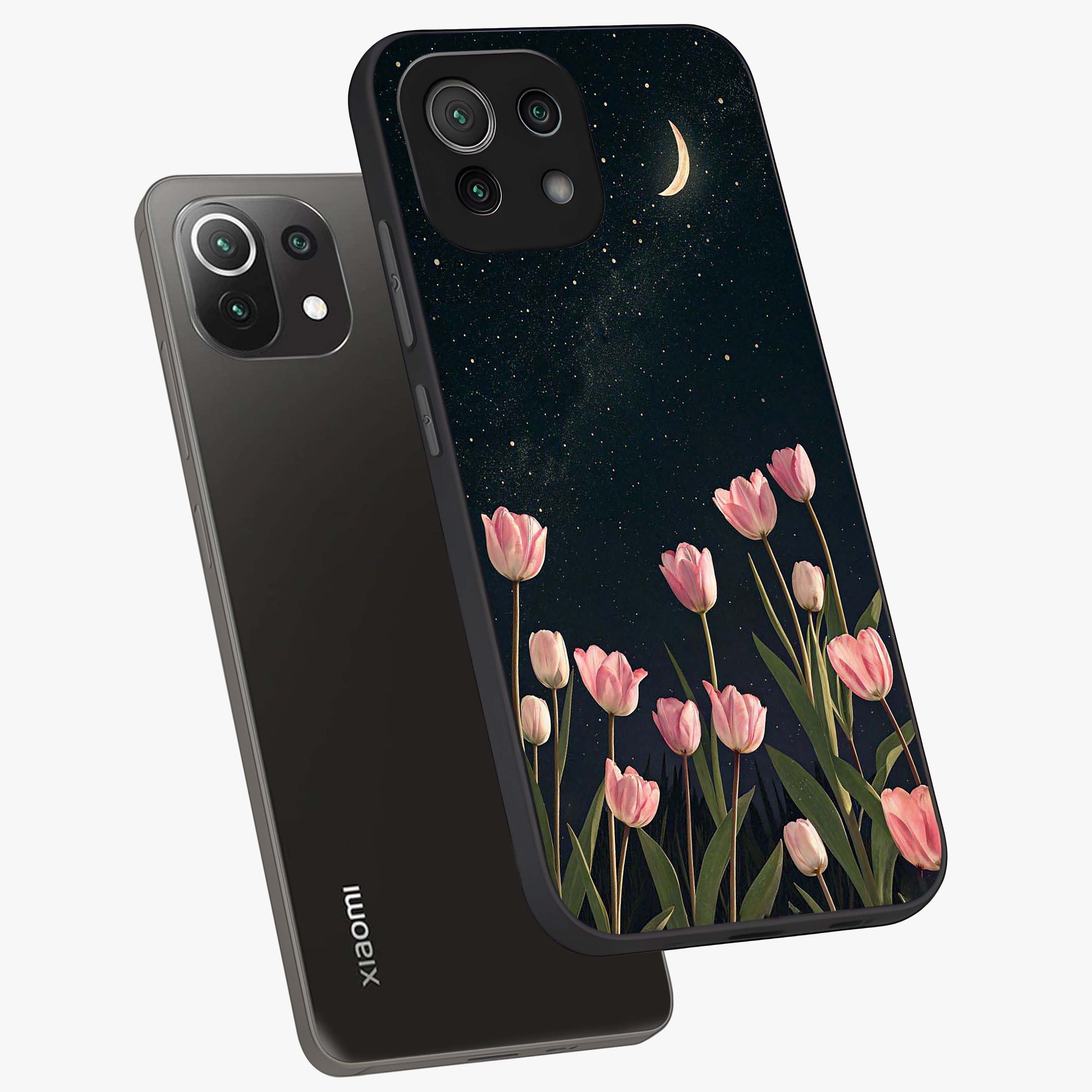 Midnight Tulip Whispers Vibe Glass Case displayed in angled mockup highlighting delicate tulip design with midnight floral aesthetic.