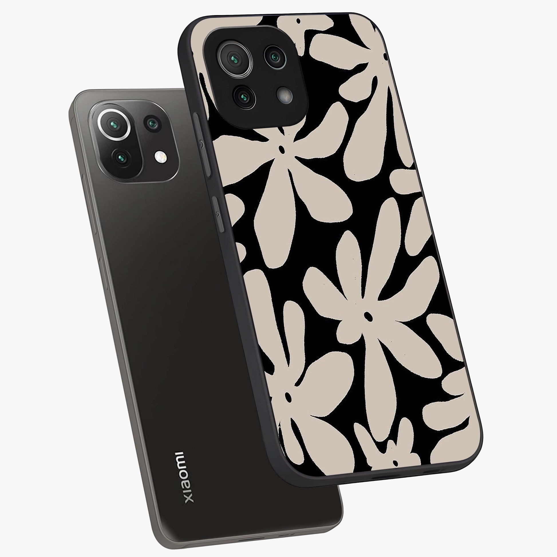 Monochrome Petal Dance Glass Case displayed in angled mockup highlighting elegant petal design with black and white aesthetic.