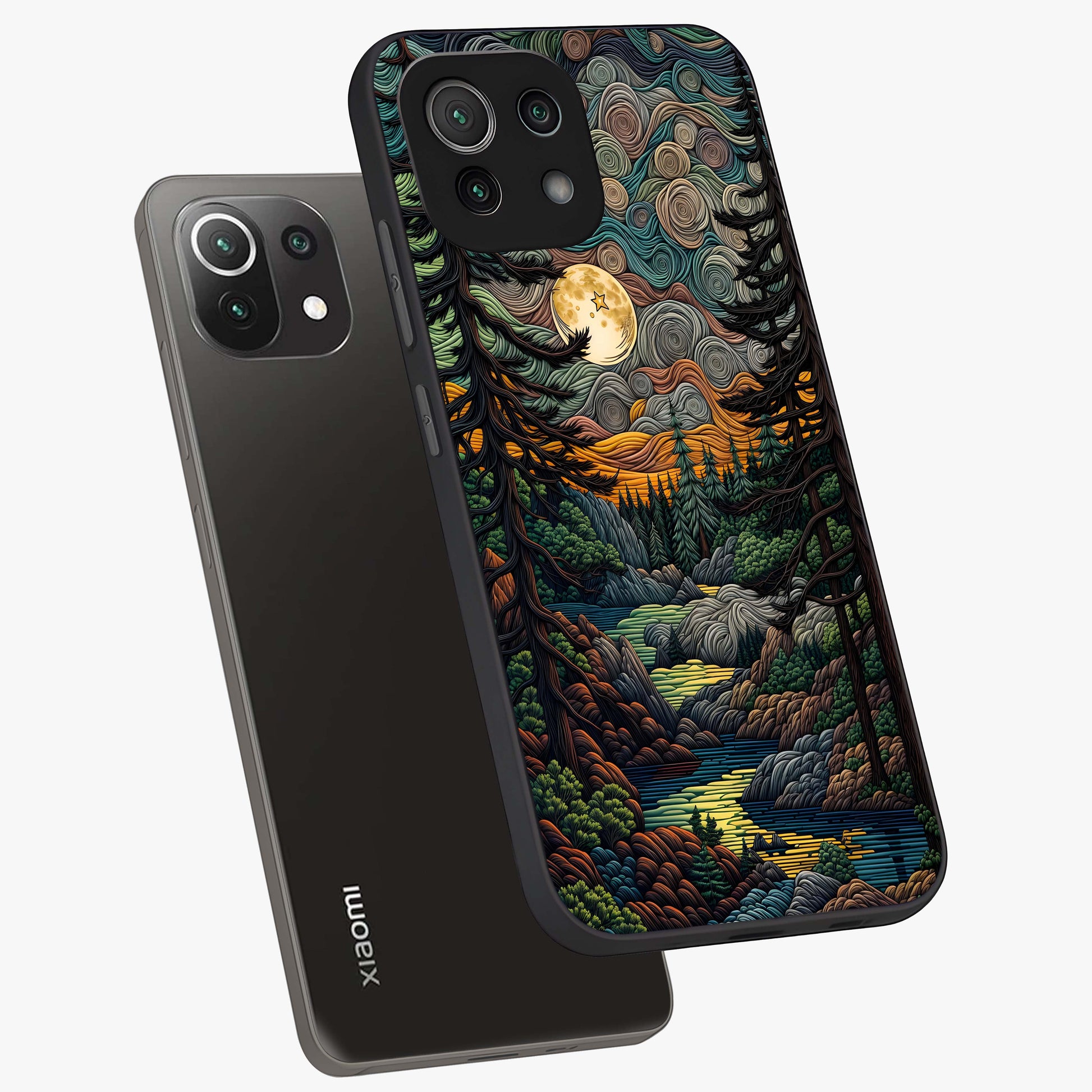 Moonlight Forest Dream Glass Case displayed in angled mockup highlighting dreamy forest design with glowing moon aesthetic.