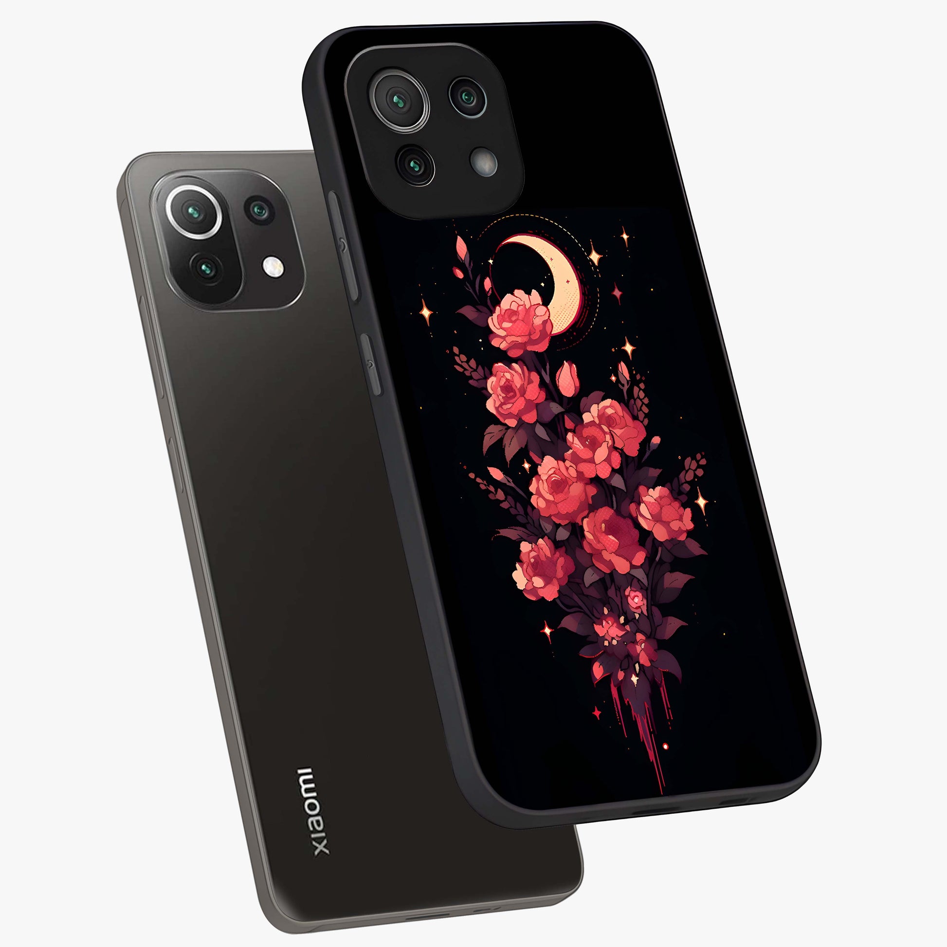 Moonlit Floral Elegance Glass Case displayed in angled mockup highlighting graceful flower design with soft moonlight aesthetic.