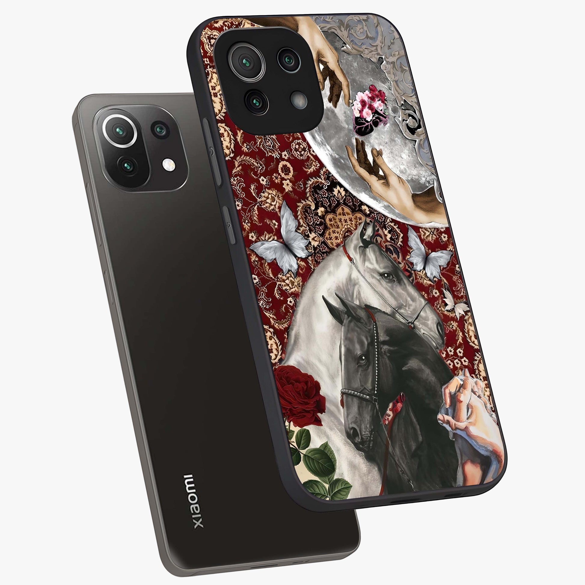 Moonlit Royal Stallion Glass Case displayed in angled mockup highlighting powerful stallion illustration with royal night aesthetic.