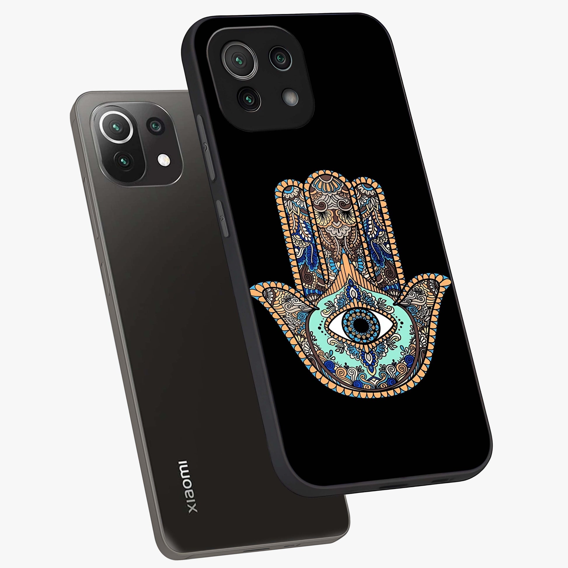 Mystic Hamsa Eye Glass Case displayed in angled mockup highlighting spiritual hamsa symbol with mystical aesthetic style.
