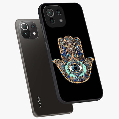 Mystic Hamsa Eye Glass Case displayed in angled mockup highlighting spiritual hamsa symbol with mystical aesthetic style.