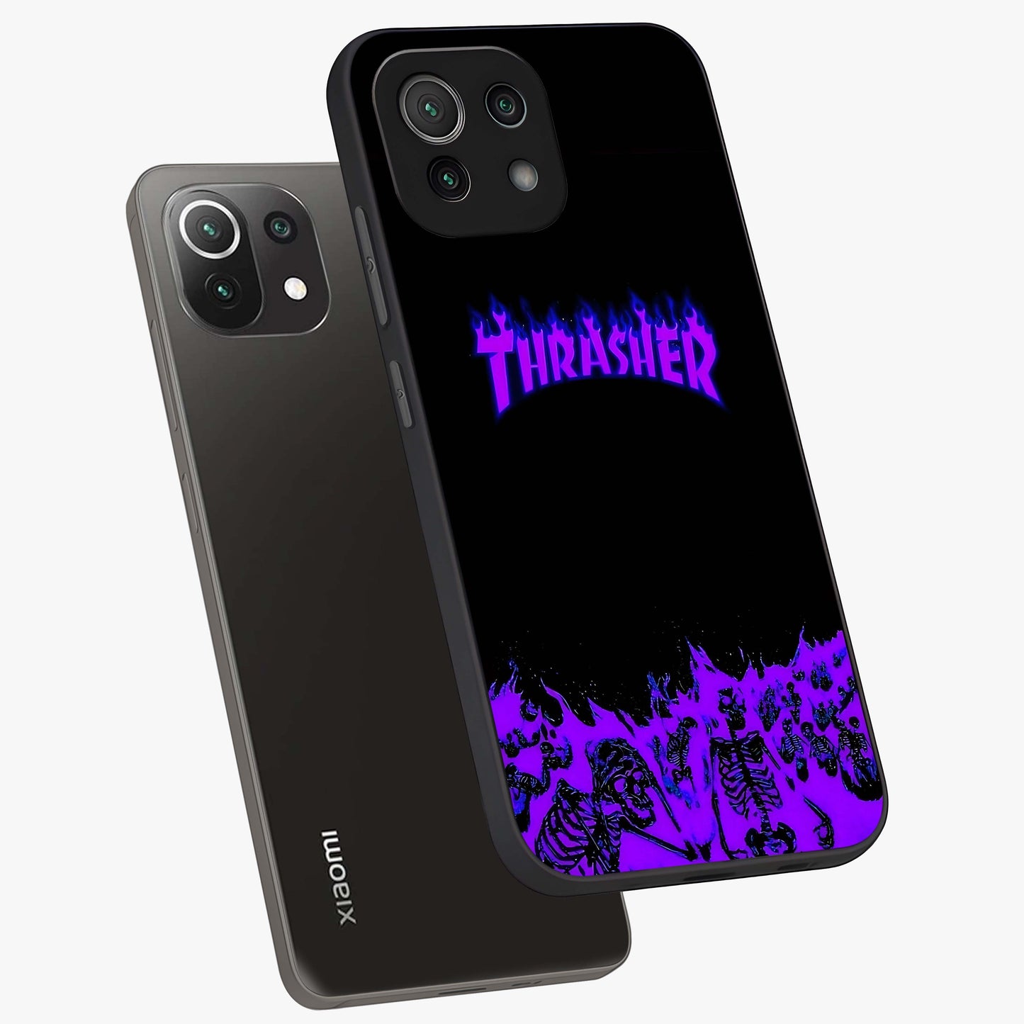 Neon Flame Riot Glass Case displayed in angled mockup highlighting glowing flame design with vibrant neon aesthetic.