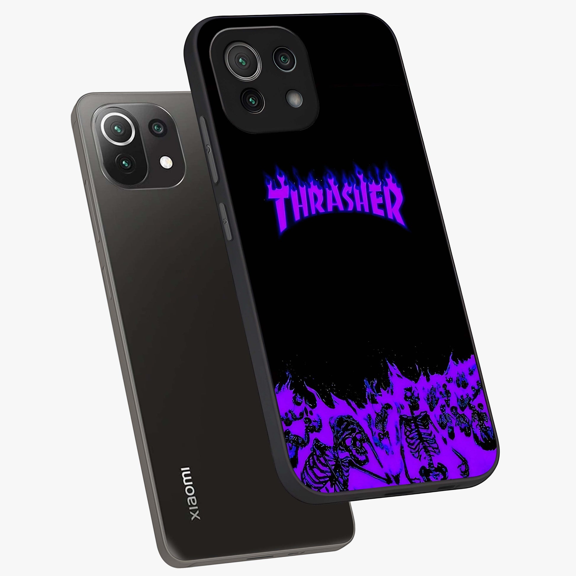 Neon Flame Riot Glass Case displayed in angled mockup highlighting glowing flame design with vibrant neon aesthetic.