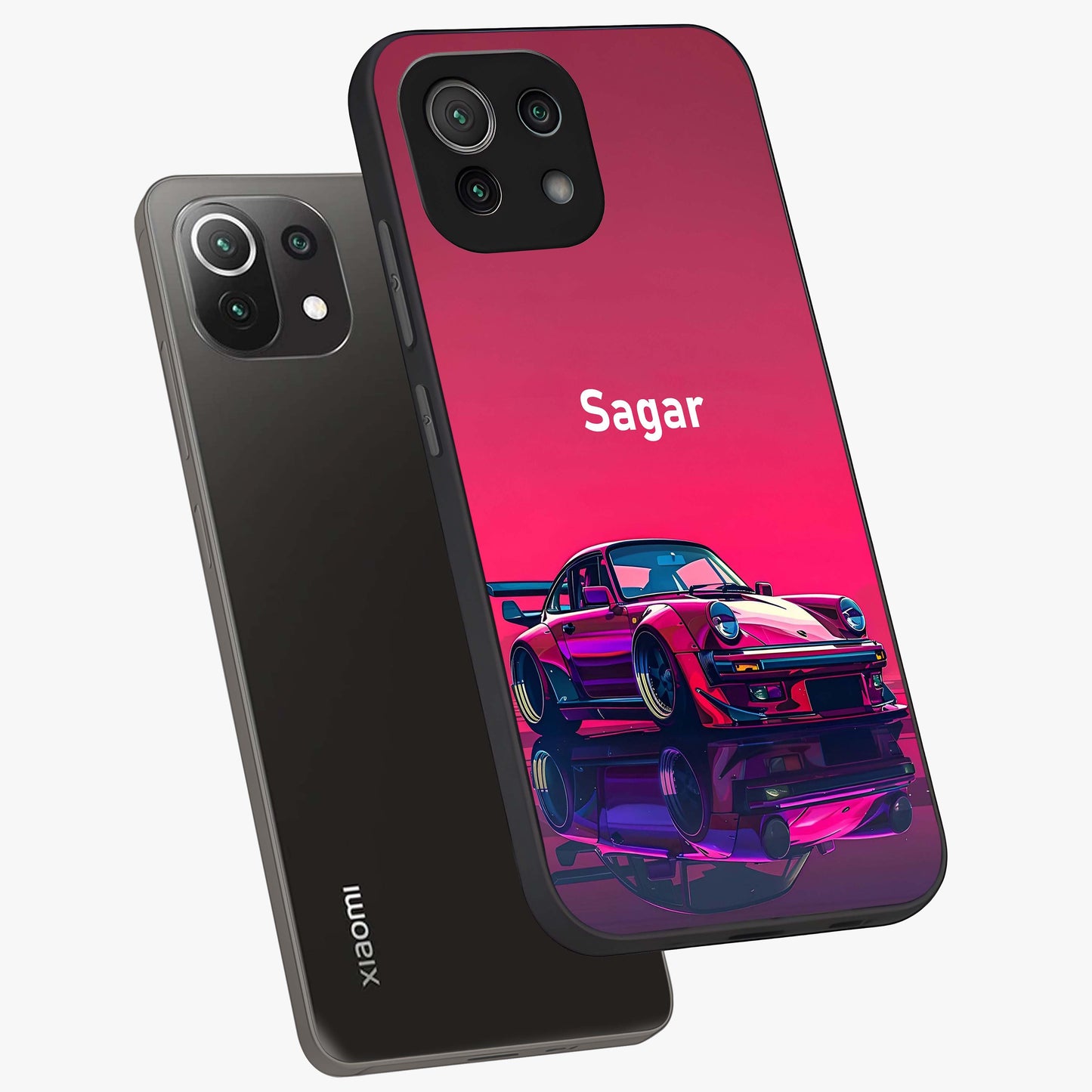 Neon Pink Porsche Glass Case displayed in angled mockup highlighting sleek neon pink car design with racing aesthetic.
