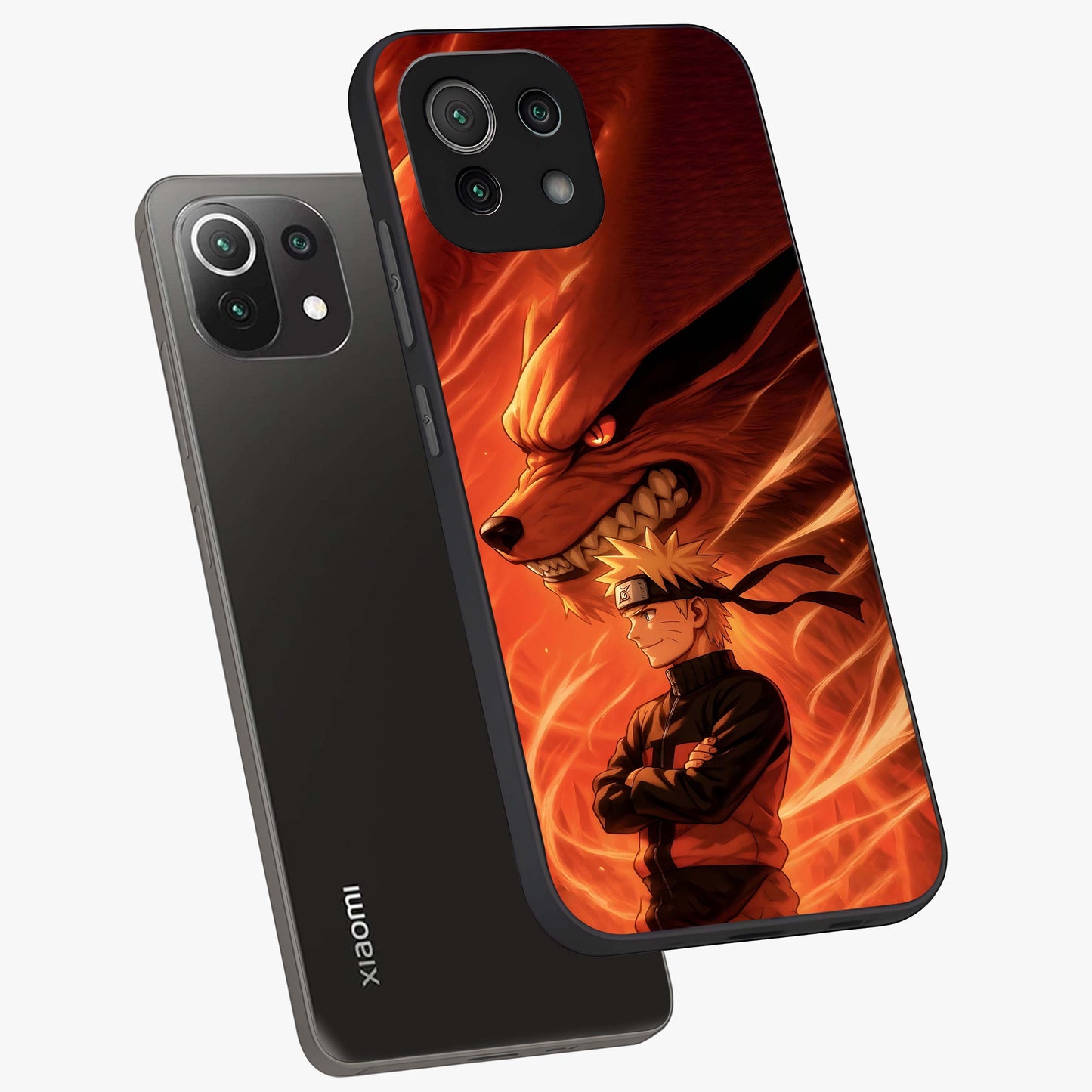 Nine Tails Legacy Glass Case displayed in angled mockup highlighting dynamic anime beast illustration with bold mystical aesthetic.