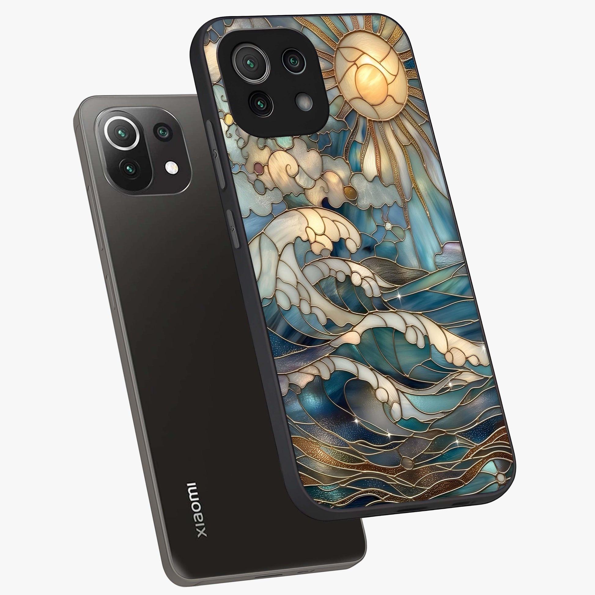 Oceanic Stained Printed Glass Case displayed in angled mockup highlighting colorful aquatic design with artistic aesthetic style.