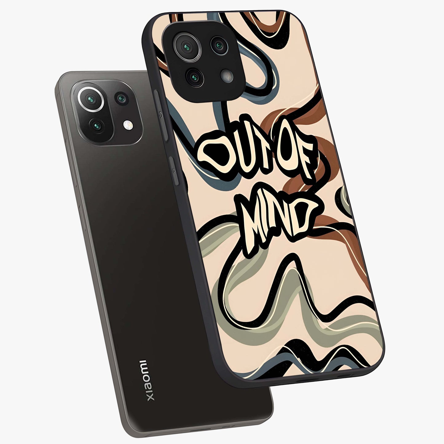 Out Of Mind Glass Case displayed in angled mockup highlighting bold statement design with modern artistic aesthetic.